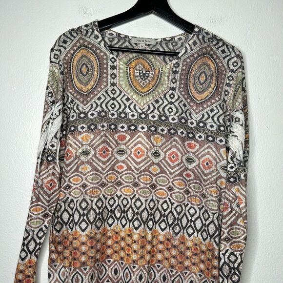 Jess & Jane Aztec Print Asymmetrical Hem Linen Blend 3/4 Sleeve Top Size Medium - Picture 3 of 7